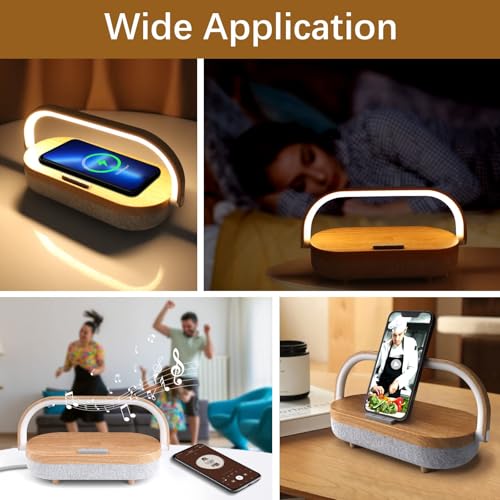 Wood Nightstand Lamp with Wireless Charger Bluetooth Speaker & Dimmable LED - 4 in 1 Touch Bedside Light