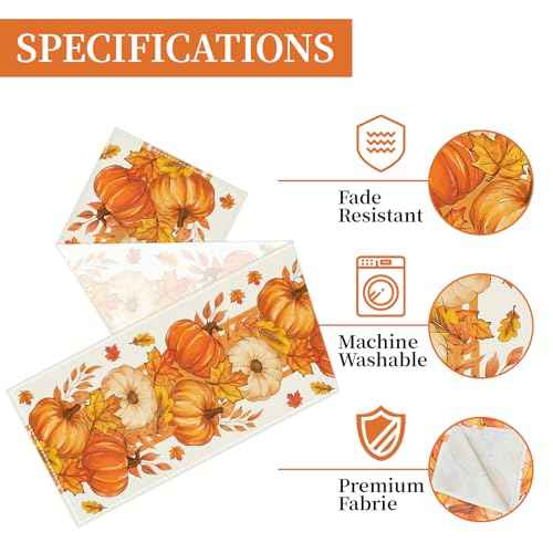 Bloss Thanksgiving Table Runner 72Inches Long Orange Pumpkins Maple Leaves Fall Table Runner,Seasonal Thanksgiving Fall Decoration,Autumn Farmhouse Harvest Style Kitchen Dining Table Decor