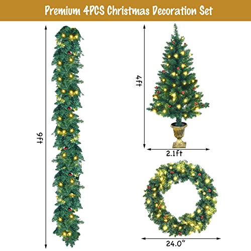 Happygrill 4-Piece Pre-Lit Christmas Set with Wreath, Garland & 2 Entrance Trees – 200 LED Warm White, Waterproof Timer