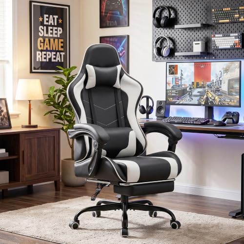 Homall White Gaming Chair with Ergonomic Headrest, Massage Lumbar Support & Footrest