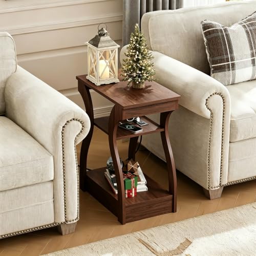 WLIVE End Tables Set of 2 with Charging Station - Cherry Finish