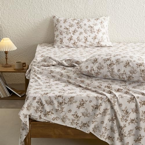 King Floral Bed Sheets Set - Brown Taupe Botanical Bedding with Deep Pocket - Wake In Cloud