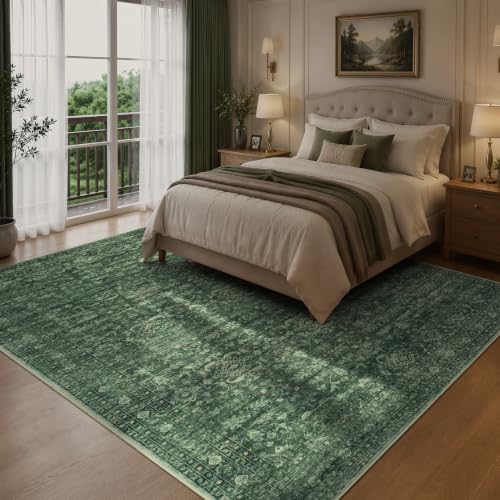 Carpelux Green 9x12 Area Rug - Washable Non-Slip Vintage Floral Pattern
