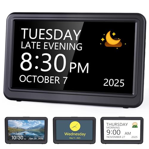 Raynic Digital Calendar Clock for Seniors, Office & Home - Black, 7 Inches