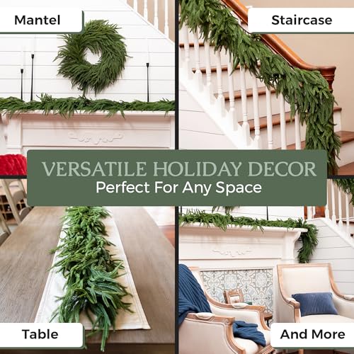 Vita Domi 9ft Extra Full Real Touch Norfolk Pine Garland Christmas Greenery for Fireplace & Mantle