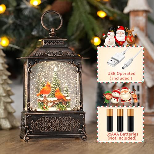 Red Cardinals Bird Snow Globe with Music - USB/Battery Operated Glitter Glass Dome