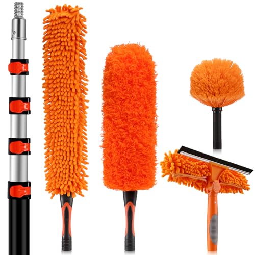 26ft High Reach Duster Kit with 20ft Extension Pole for Ceiling & Fan Cleaning - Includes Cobweb & Window Squeegee