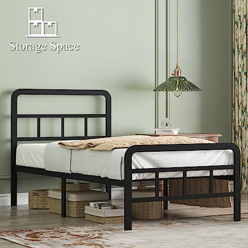 Modern Twin Bed Frame with Headboard & Footboard - Steel Slat Support, No Box Spring Needed, Easy Assembly, Black - 14 Inch