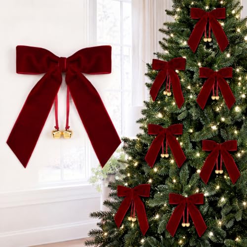 Wavyknot Burgundy Velvet Christmas Bows with Jingle Bells - 12 Pack