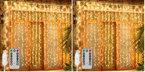Ollny 6.6ft x 6.6ft Warm White 200 LED Curtain Lights 2-Pack with Remote Control