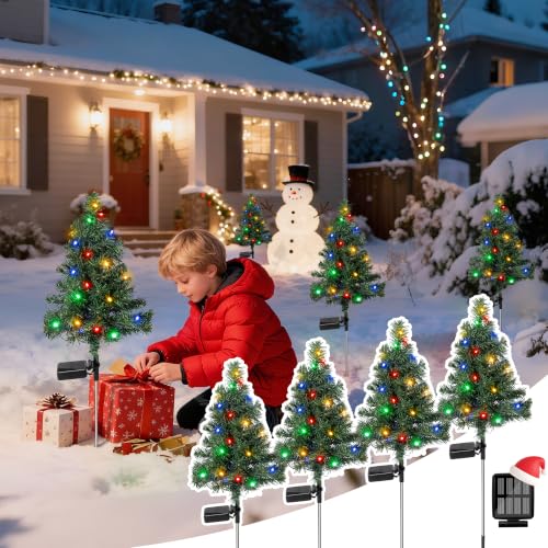 TISEJOY 4-Pack Christmas Tree Solar Lights Outdoor, Waterproof Navidad Decorations with Multi-Mode