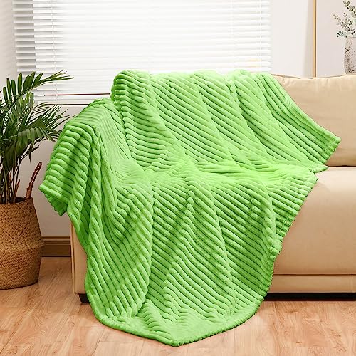 Bnuitland Light Green Flannel Throw Blanket, 300GSM Super Soft Fleece Stripe Pattern Sofa Blanket for Babys and Kids, Lightweight Cozy Bed Throw for Home Decor All Season