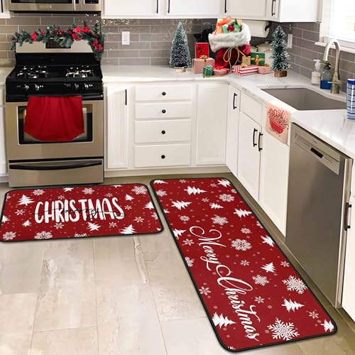 Putware Christmas Snowflake Kitchen Rugs Set of 2 17x47 + 17x30 Non-Slip Holiday Mats