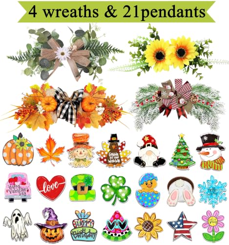 Interchangeable Seasonal Welcome Sign for Front Door with 4 Wreath Styles & 21 Icons