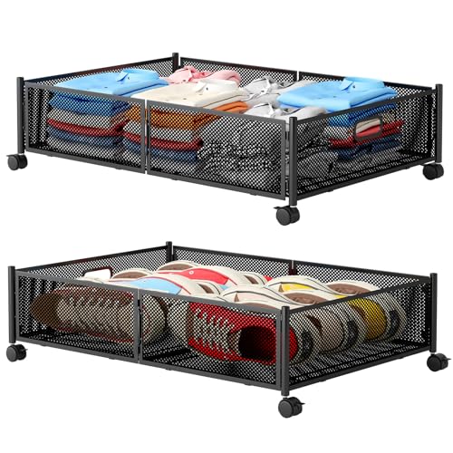 Gawerk Under Bed Storage Container with Wheels - Foldable Metal Mesh Bin for Clothes - Black - 2 Pack