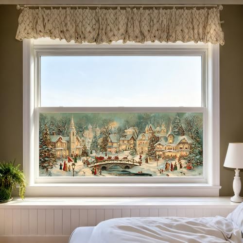 Window Privacy Film 39.37 x 17.3 in Christmas Village Static Cling - Colorful Window #04