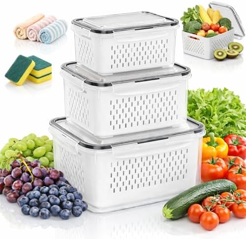 Skiennix 4-in-1 Food Storage Container - Versatile Fruit Storage with Removable Colanders | Gray, Small & Medium