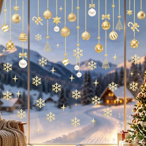 SHUCHING Gold Christmas Ball Window Cling Sticker - Reusable Holiday Glass Decor