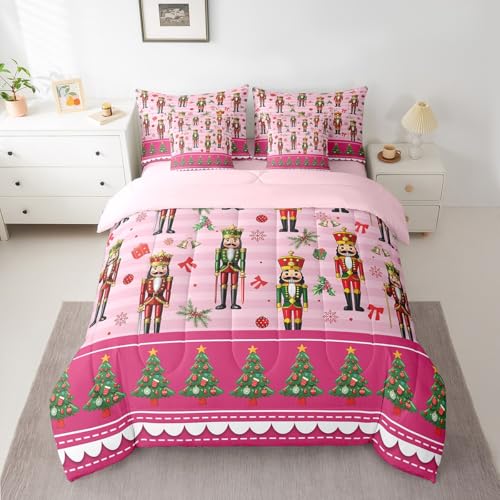 Erosebridal 7-Piece Pink Bow Comforter Set Full Bed in a Bag – Christmas Trees & Snowflake Design