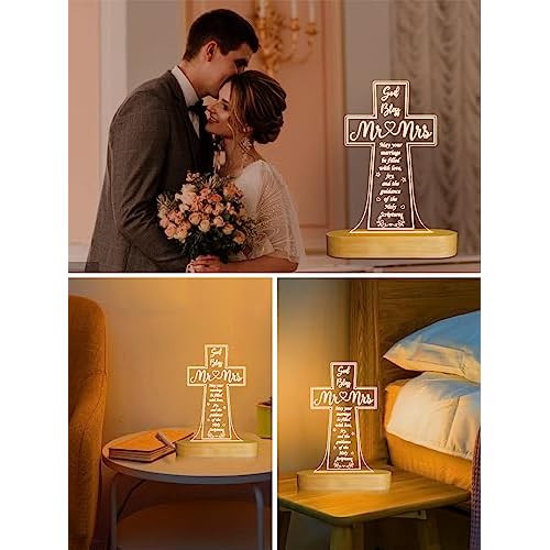 Ammonite Wedding Gifts, Cross Wooden Night Light, Decoration Lamp Husband and Wife Wedding Engagement Anniversary Valentine's Day Gifts for Couple Bride Groom, Newlywed Gifts His Hers
