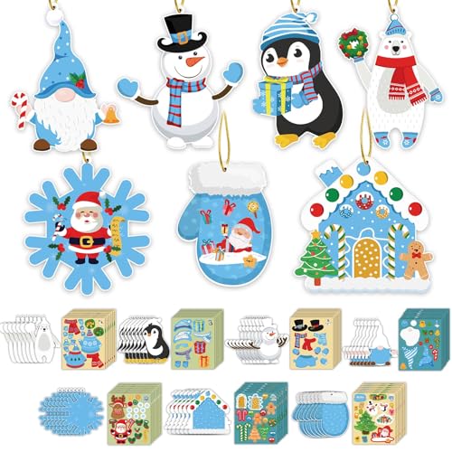 GuassLee Christmas Crafts Ornament Making Kit for Kids - 28pcs DIY Christmas Cutouts with Snowman Snowflake Penguin Gnome Xmas Stickers for Tree Decorations Xmas Winter Party Favors Supplies