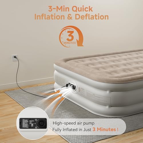 Sebor Twin Air Mattress with Built-In Pump Khaki 18" - Self-Inflating, Durable Guest Bed for Camping & Travel