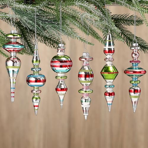 Soulchen Classic Glass Finial Christmas Ornaments Set of 6 6-6.8 Inch Holiday Decor