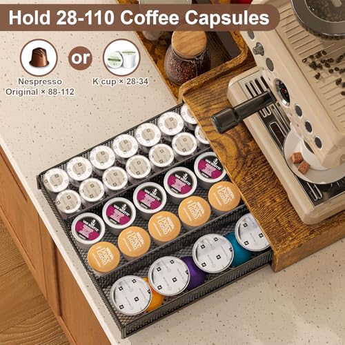 Coffee Station Organizer with K Cup Holder - Rustic Brown, 28 Pod Capacity, 3-Tier Syrup Rack