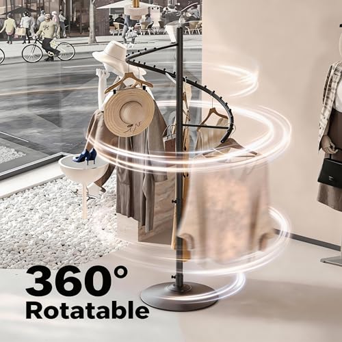 Freestanding 360° Rotating Clothing Rack - Matte Black, Height Adjustable, Heavy Duty Metal Spiral Garment Stand for Shops & Home