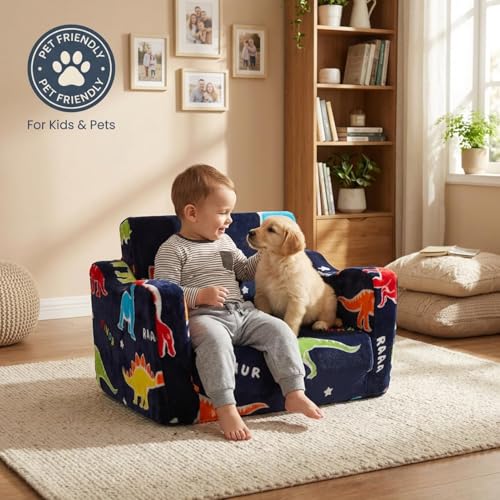 ONEKUKA Blue Glow-in-the-Dark Dinosaur Toddler Couch 2-in-1 Kids Play & Reading Seat