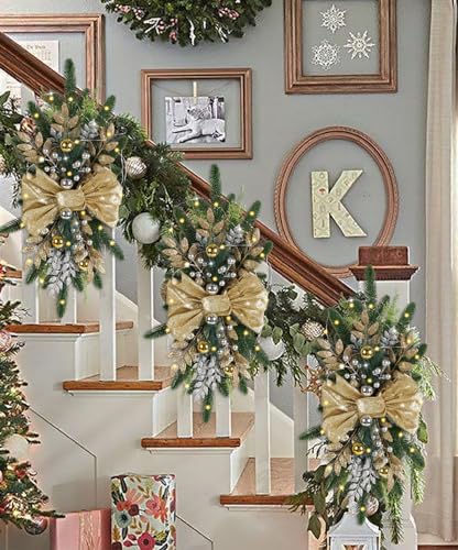 INSUNSIX 4PCS Gold Christmas Teardrop Swags Prelit 24-Inch Stairway Decor
