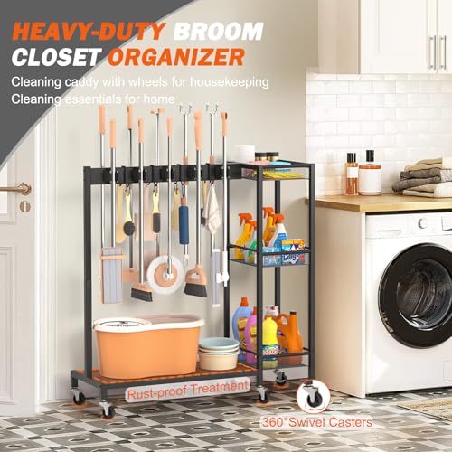 Olakee Large Broom & Mop Organizer with Cleaning Supplies Caddy, Janitorial Cart