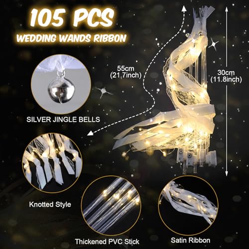 105 PCS LED Fairy Wands for Weddings and Parties - Light Up Streamers with 3 Flash Modes, Ribbons, Bells, and Elegant Design - Variation 105