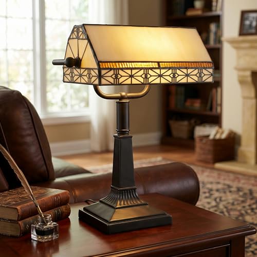 16-Inch Tiffany Style Bankers Desk Lamp with Stained Glass Shade - Vintage LED