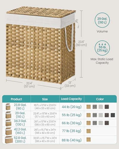 SONGMICS Natural 110L Double Wicker Laundry Hamper with Lid & 6 Mesh Bags