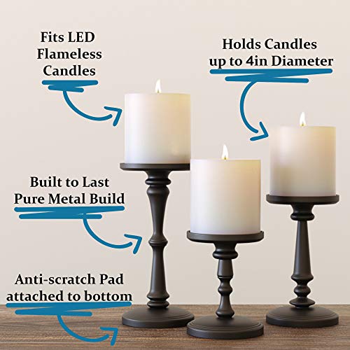 Set of 3 Matte Black Metal Candle Holders - Tall Pillar Candle Stands for Decor