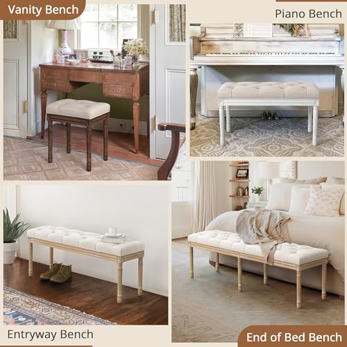 LUE BONA Upholstered Fabric Vanity Bench Seat - Linen & Dark Brown Tufted Ottoman