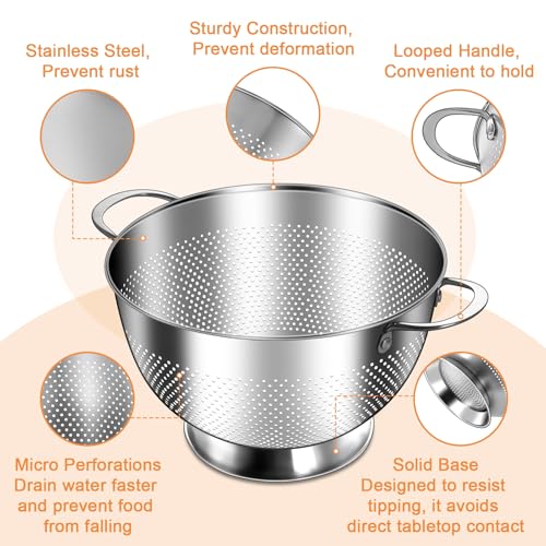 Stainless Steel Colander Set of 3 (1.5/3/5 Qt) - Rust-Resistant Mesh Strainers with Handles