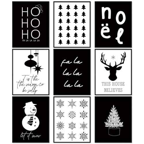 Whaline 9Pcs Christmas Wall Art Prints Xmas Tree Snowflake Paper Posters White Black Aesthetic Pictures for Home Office Room Gallery Party, 8 x 10 Inch, Unframed