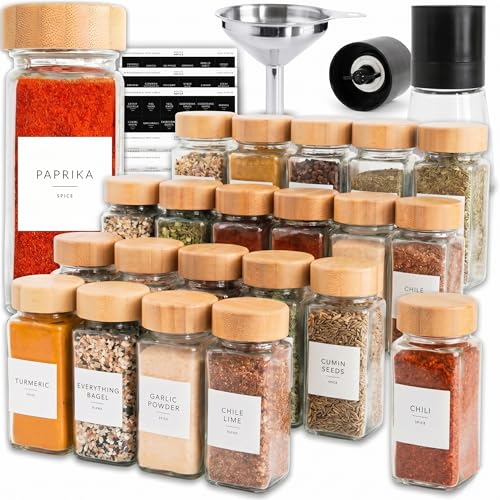 Square Glass Spice Jars with Bamboo Lids - 24 Pack, Labels, Shaker & Pepper Grinder Set