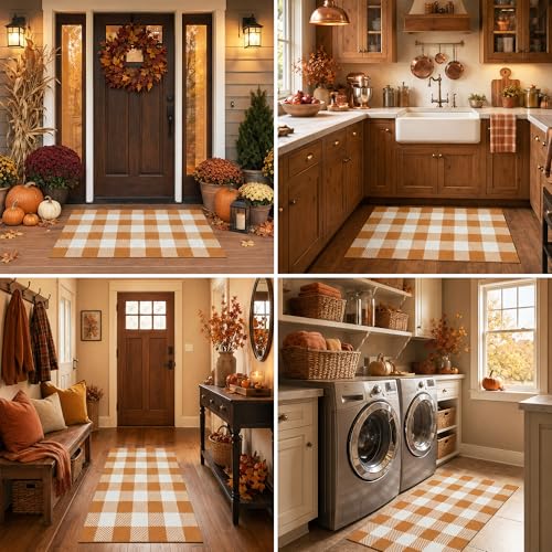 Fall Door Mat Caramel White Buffalo Plaid Rug 3x5 Layering Farmhouse Decor - Caramel & White