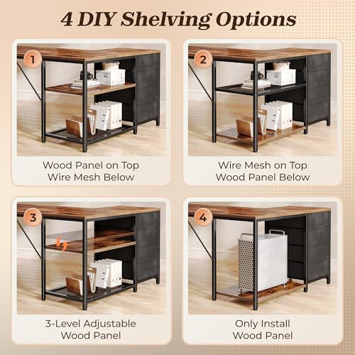 Reversible Small L Shaped Desk with Power Outlets & 4 Drawers - Rustic Brown, 43.3 Inches