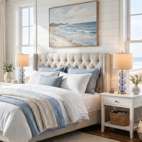 Blue Glass Modern Table Lamp Set of 2 with USB Charging Ports - 25 Inch Bedside Lamps for Living Room & Bedroom