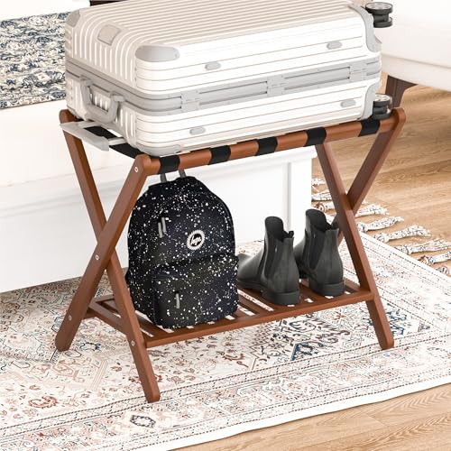 Natuvite Chestnut Brown Foldable Bamboo Luggage Rack Set of 2 with Storage Shelf