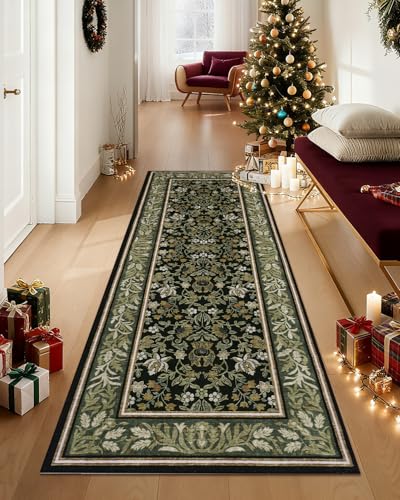 GarveeHome 2.5x8 Green Black Christmas Runner Rug Non Slip Washable Hallway