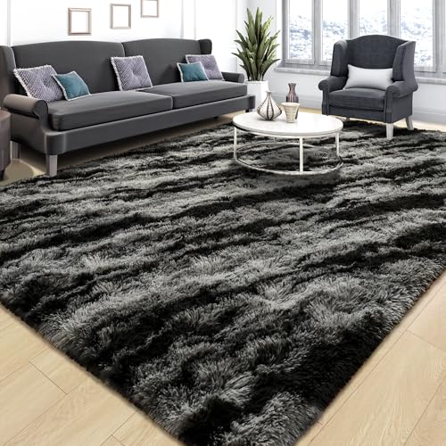 Tepook Black Grey 6x9 Fluffy Shag Rug for Living Room & Bedroom