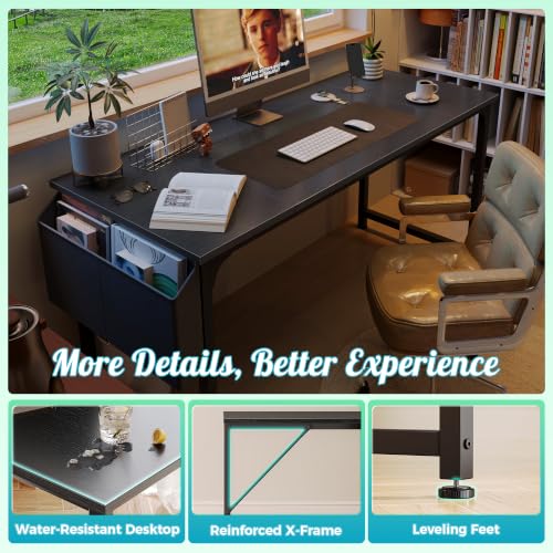 55-Inch Computer Desk with Fabric Storage Bag - Black Modern Workstation