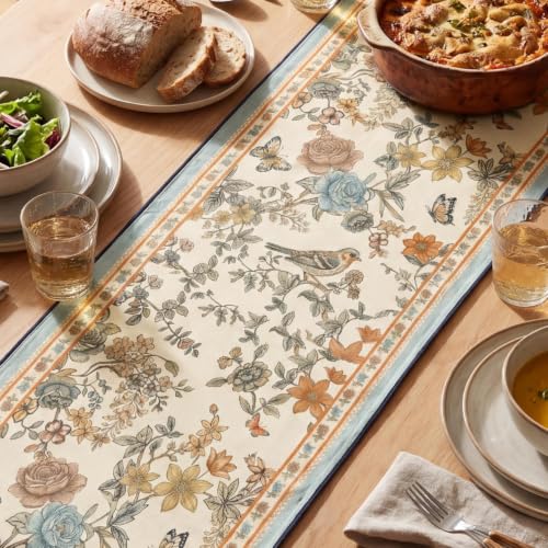 Artoid Mode Beige Floral Bird Rustic Vintage Table Runner 13x72 Inch for Dining