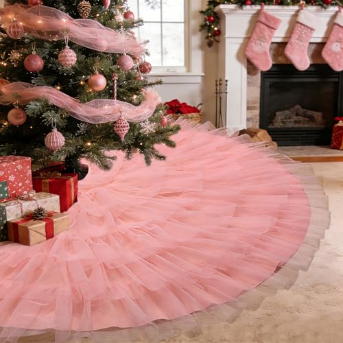 Yuboo 60 Inch Blush Pink Tulle Tree Skirt with 6 Ruffles Christmas Decor