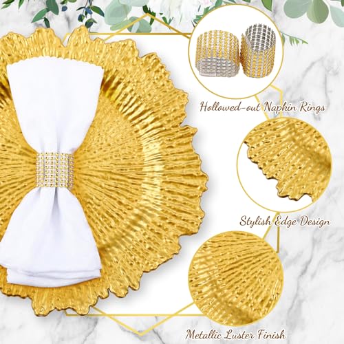 Widecook 100 Sets Gold Reef Charger Plates with Mesh Diamond Napkin Rings, 13" Round Chargers for Wedding Party (Gold / 100)